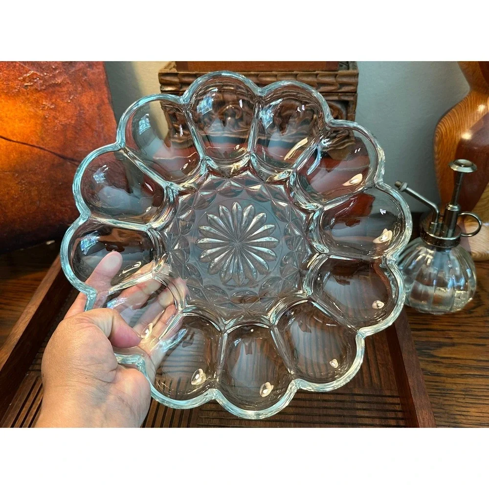 Vintage Anchor Hocking Deviled Egg Plate 10 Inch Clear Glass Scalloped Starburst